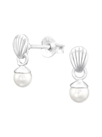 Silver Shell Stud Earrings - Hanging Glass Pearl White