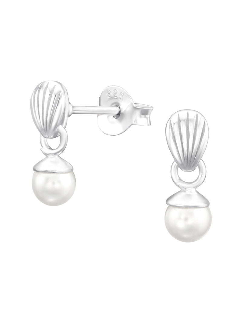Silver Shell Stud Earrings - Hanging Glass Pearl White