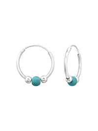 Silver Bali Hoop Earrings 16mm - Turquoise Bead