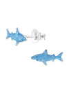 Silver Shark Stud Earrings - Epoxy - Blue Glitter