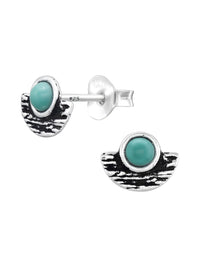 Silver Geometric Stud Earrings Pearl Green Turquoise Oxidized