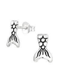 Silver Mermaid Tail Stud Earrings - Oxidized