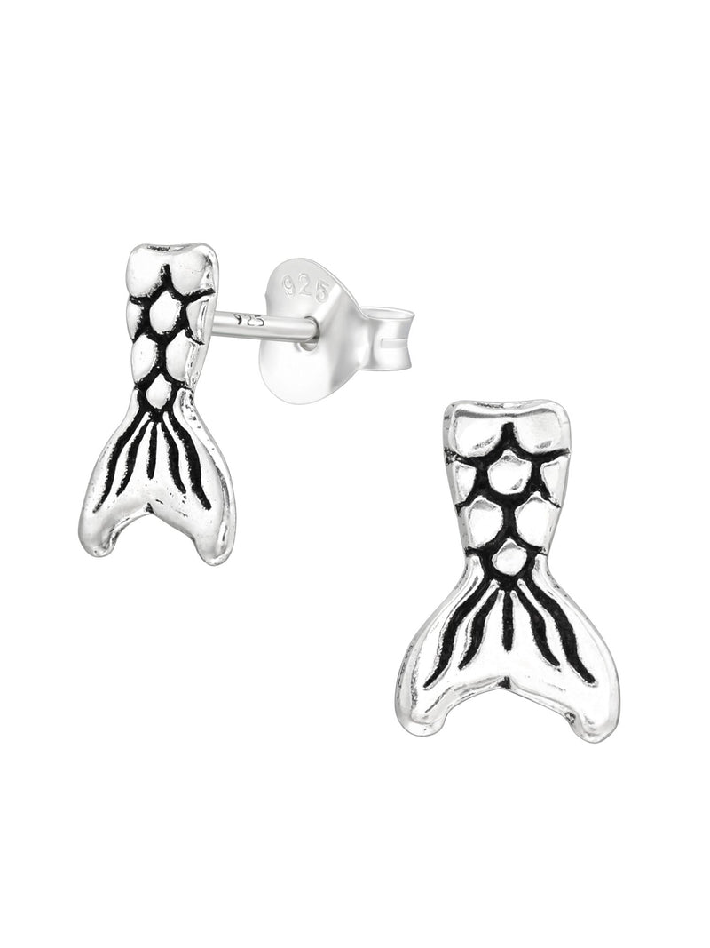 Silver Mermaid Tail Stud Earrings - Oxidized