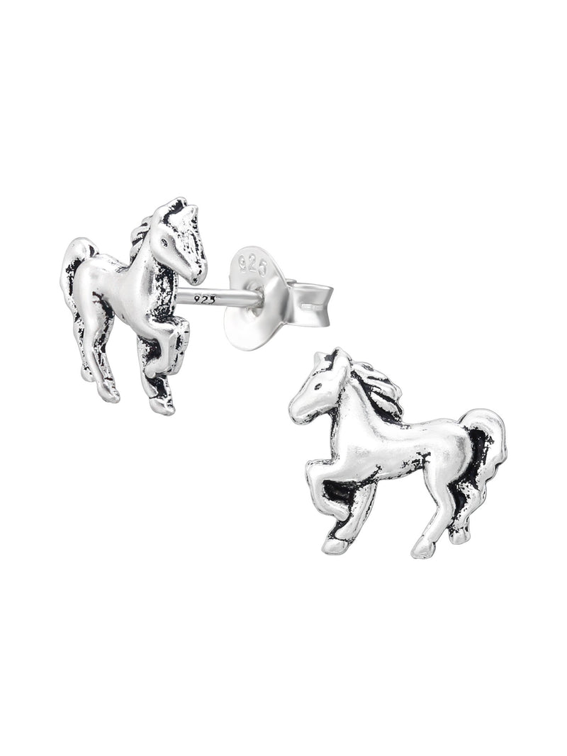 Silver Horse Stud Earrings - Oxidized
