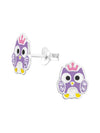 Silver Owl Stud Earrings - Epoxy - Purple