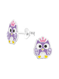 Silver Owl Stud Earrings - Epoxy - Purple
