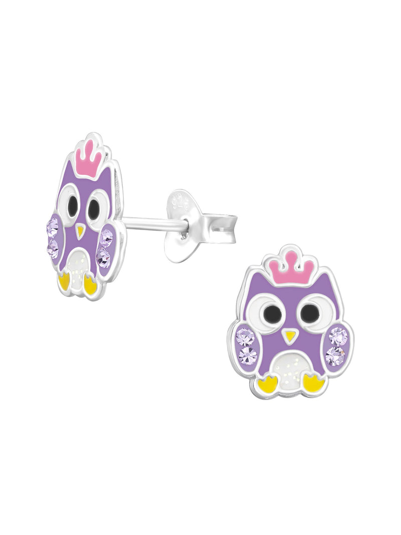 Silver Owl Stud Earrings - Epoxy - Purple