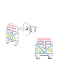 Silver Combi Van Stud Earrings - Crystal and Epoxy - Pastel