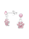 Silver Dangling Paw Print Stud Earrings - Crystal - Pink
