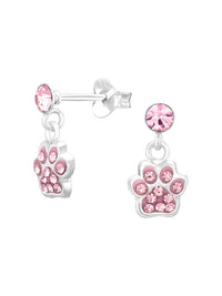 Silver Dangling Paw Print Stud Earrings - Crystal - Pink