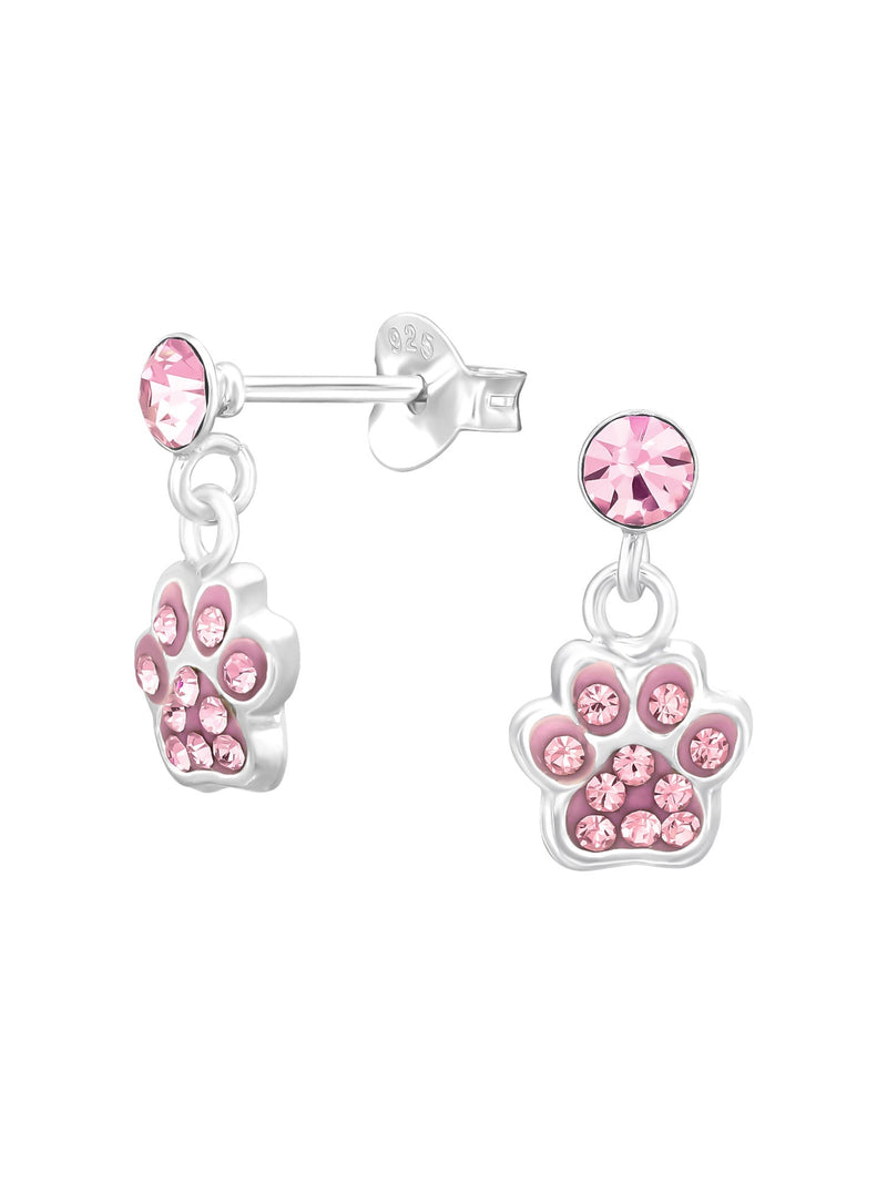 Silver Dangling Paw Print Stud Earrings - Crystal - Pink