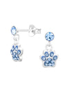 Silver Dangling Paw Print Stud Earrings - Crystal - Blue