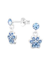 Silver Dangling Paw Print Stud Earrings - Crystal - Blue