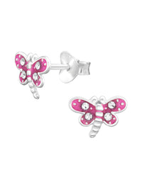 Silver Dragonfly Stud Earrings - Crystal and Epoxy - Pink
