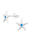Silver Starfish Stud Earrings - Cubic Zirconia - Blue