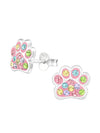 Silver Paw Print Stud Earrings - Crystal - Pink Multi