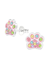 Silver Paw Print Stud Earrings - Crystal - Pink Multi