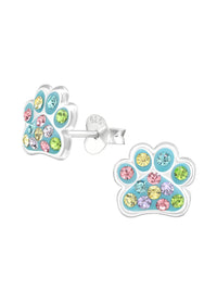 Silver Paw Print Stud Earrings - Crystal - Blue Multi