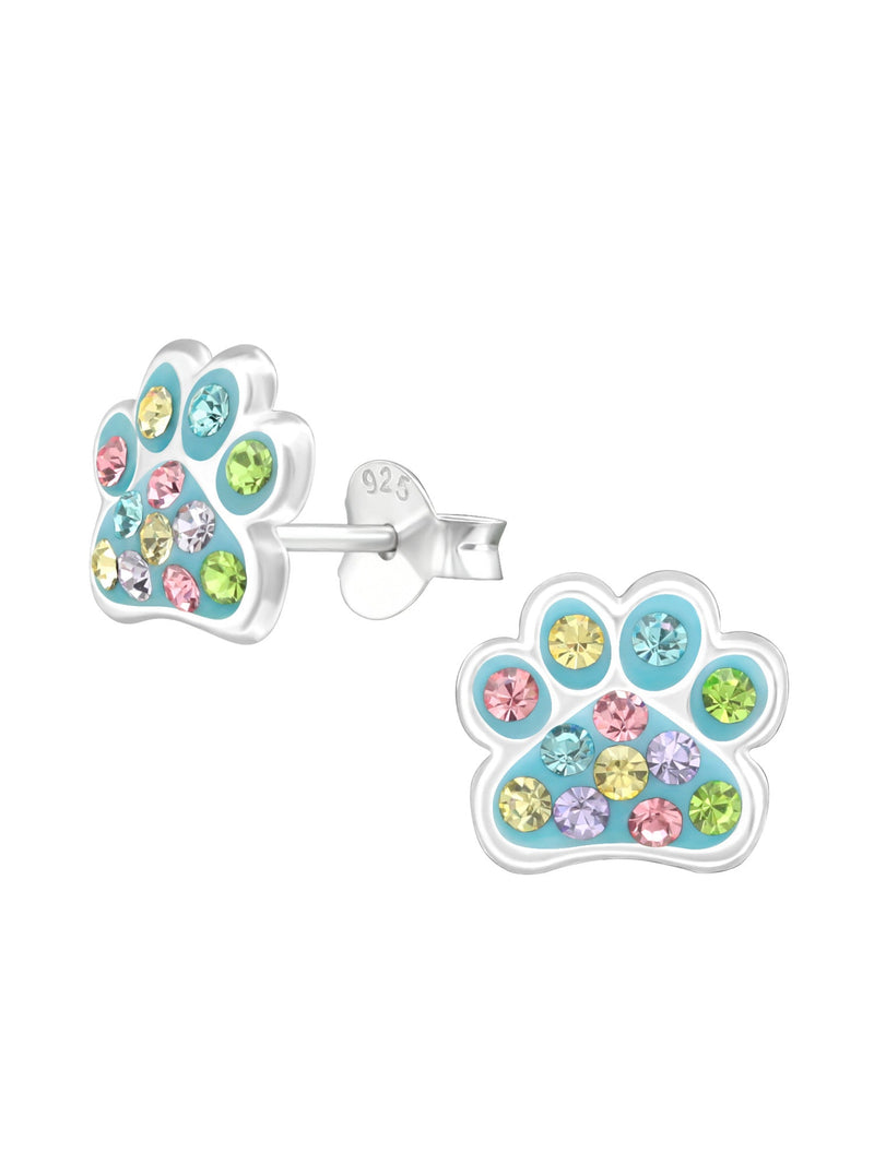 Silver Paw Print Stud Earrings - Crystal - Blue Multi