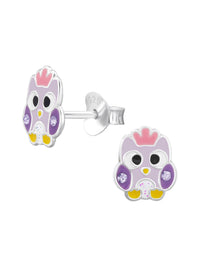 Silver Owl Stud Earrings - Crystal and Epoxy - Purple