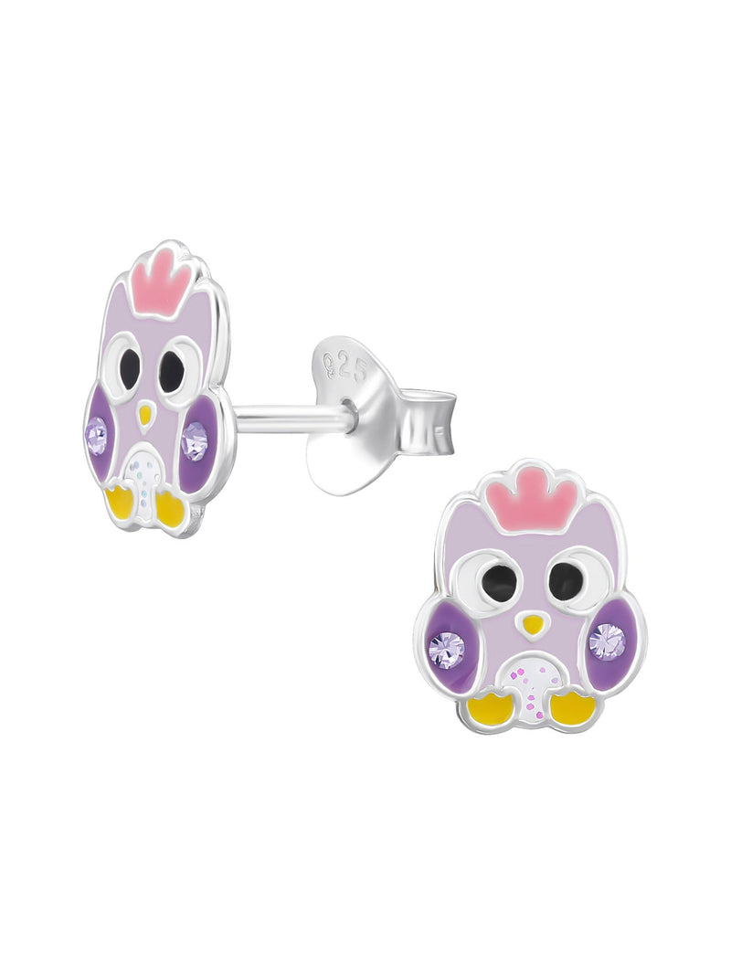 Silver Owl Stud Earrings - Crystal and Epoxy - Purple