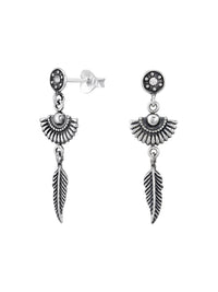 Silver Boho Stud Earrings - Crystal - Oxidized