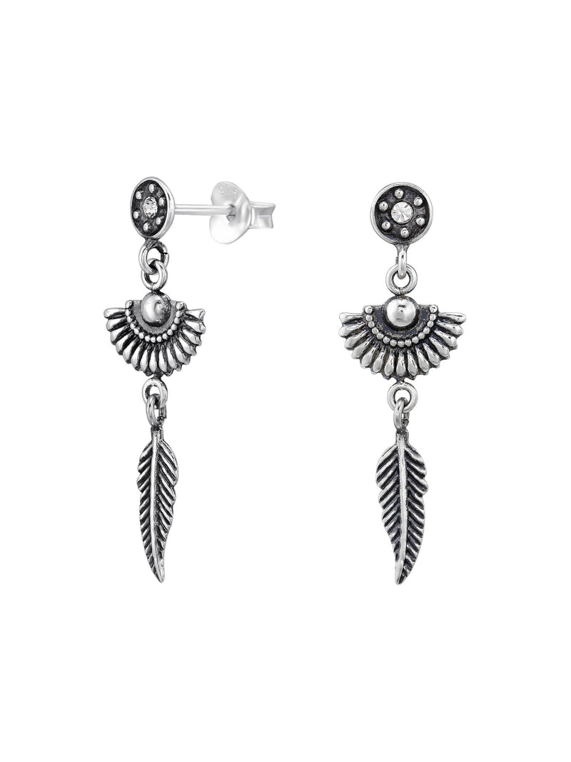 Silver Boho Stud Earrings - Crystal - Oxidized