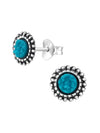 Silver Round Stud Earrings - Druzy Stone - Turquoise