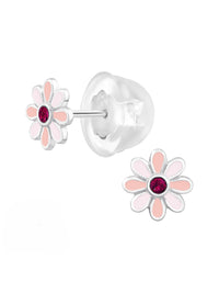 Silver Flower Stud Earrings - Crystal and Epoxy - Light Pink