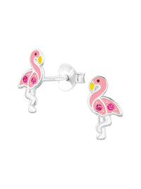 Silver Flamingo Stud Earrings - Crystal and Epoxy - Light Pink