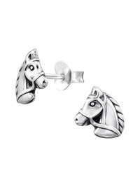 Silver Horse Head  Stud Earrings - Oxidized