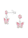 Silver Flower & Butterfly Stud Earrings - Epoxy - Pink