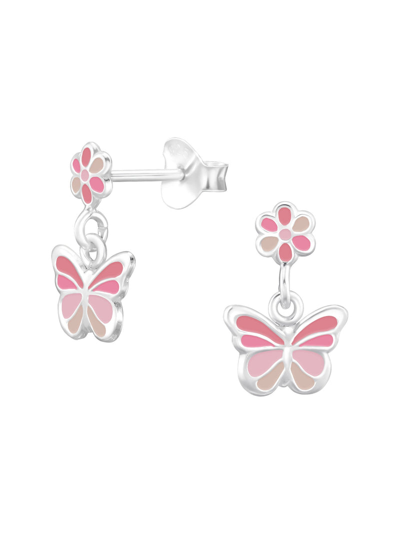 Silver Flower & Butterfly Stud Earrings - Epoxy - Pink
