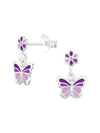 Silver Flower & Butterfly Stud Earrings - Epoxy - Purple