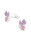 Silver Butterfly Stud Earrings - Crystal - Pink / Purple