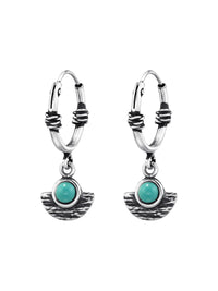 Silver Geometrical Bali Huggies - Green Turquoise