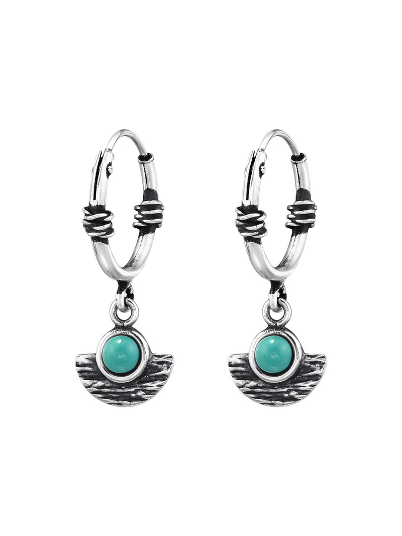 Silver Geometrical Bali Huggies - Green Turquoise