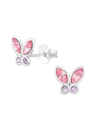 Silver Butterfly Stud Earrings - Crystal - Pink / Purple