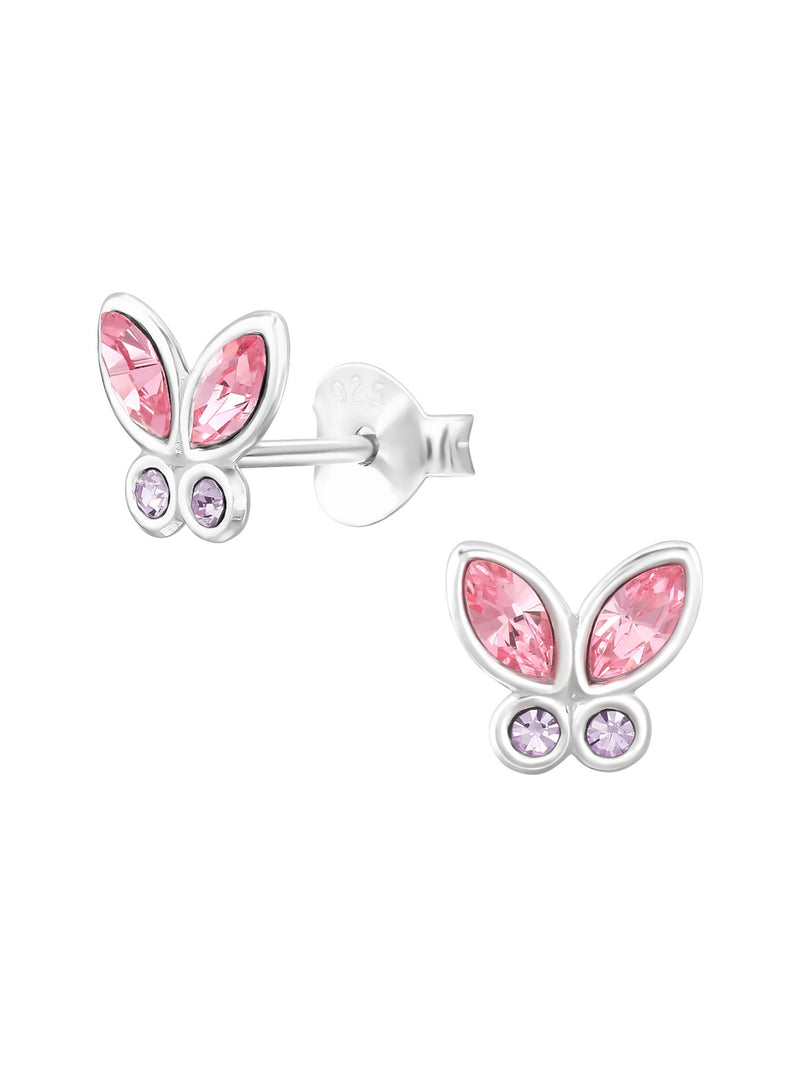 Silver Butterfly Stud Earrings - Crystal - Pink / Purple