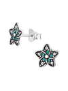 Silver Flower Stud Earrings - Crystal - Oxidized