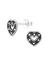 Silver Heart Stud Earrings - Crystal - Oxidized