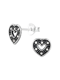 Silver Heart Stud Earrings - Crystal - Oxidized
