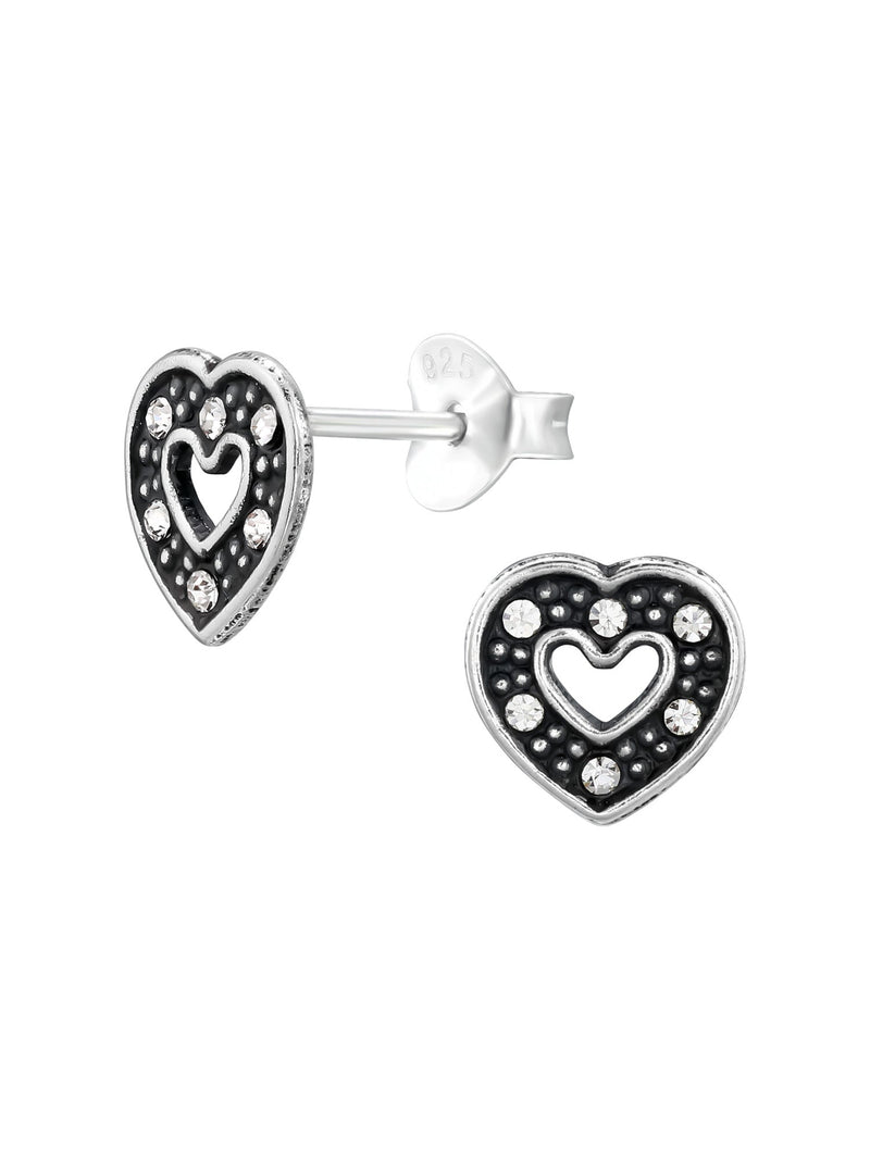 Silver Heart Stud Earrings - Crystal - Oxidized
