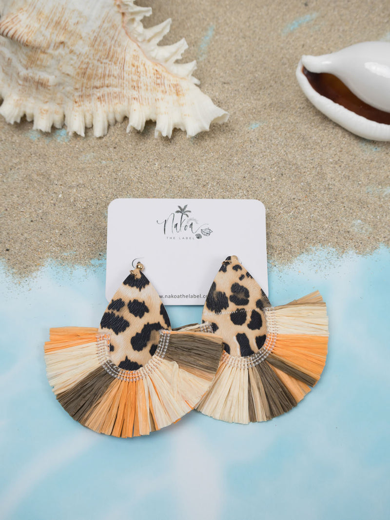 Barcelona Raffia Fringe Earrings - Leopard