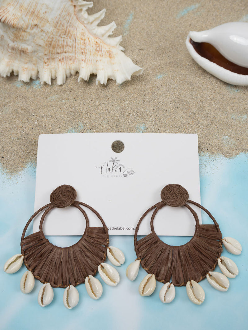Coastal Raffia & Shell Earrings - Chocolate