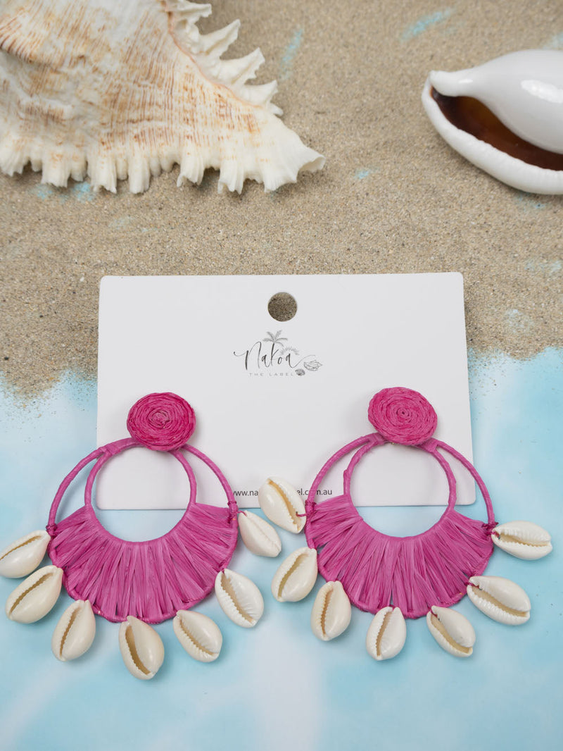 Coastal Raffia & Shell Earrings - Bubblegum Pink