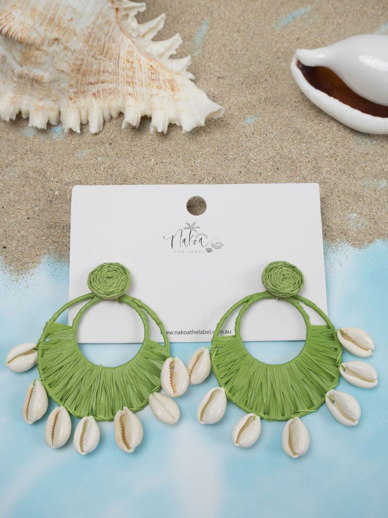 Coastal Raffia & Shell Earrings - Green