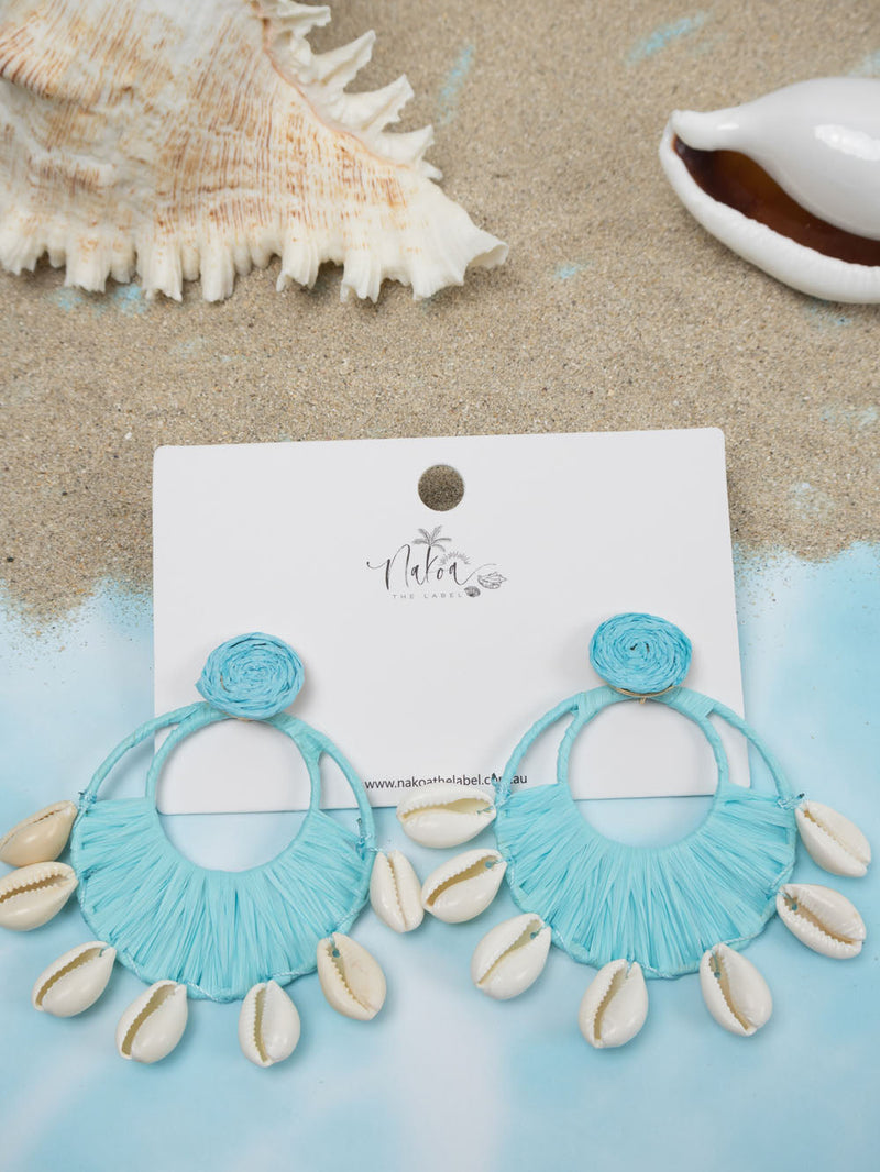 Coastal Raffia & Shell Earrings - Aqua Blue