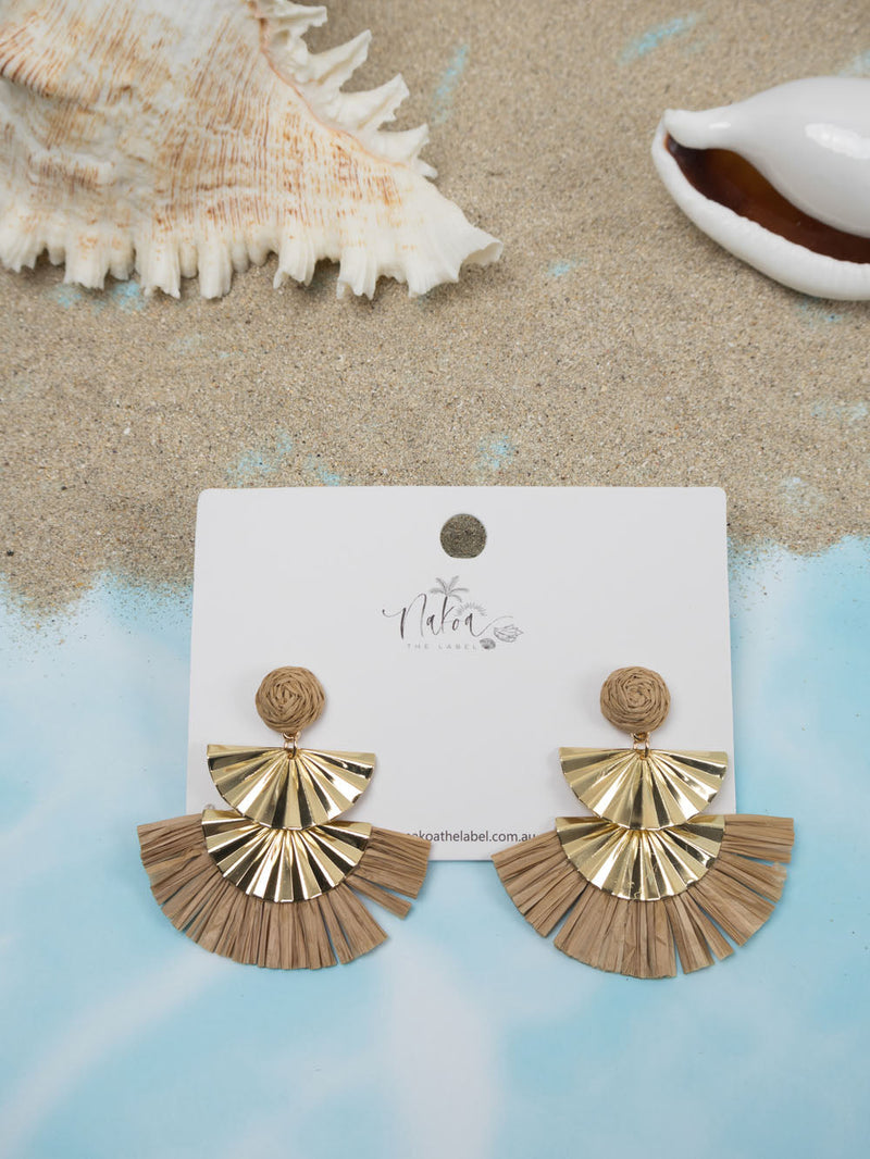 Geometric Gold & Raffia Earrings - Coffee