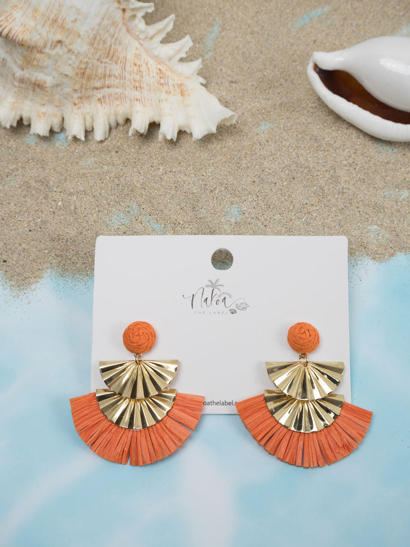 Geometric Gold & Raffia Earrings - Orange